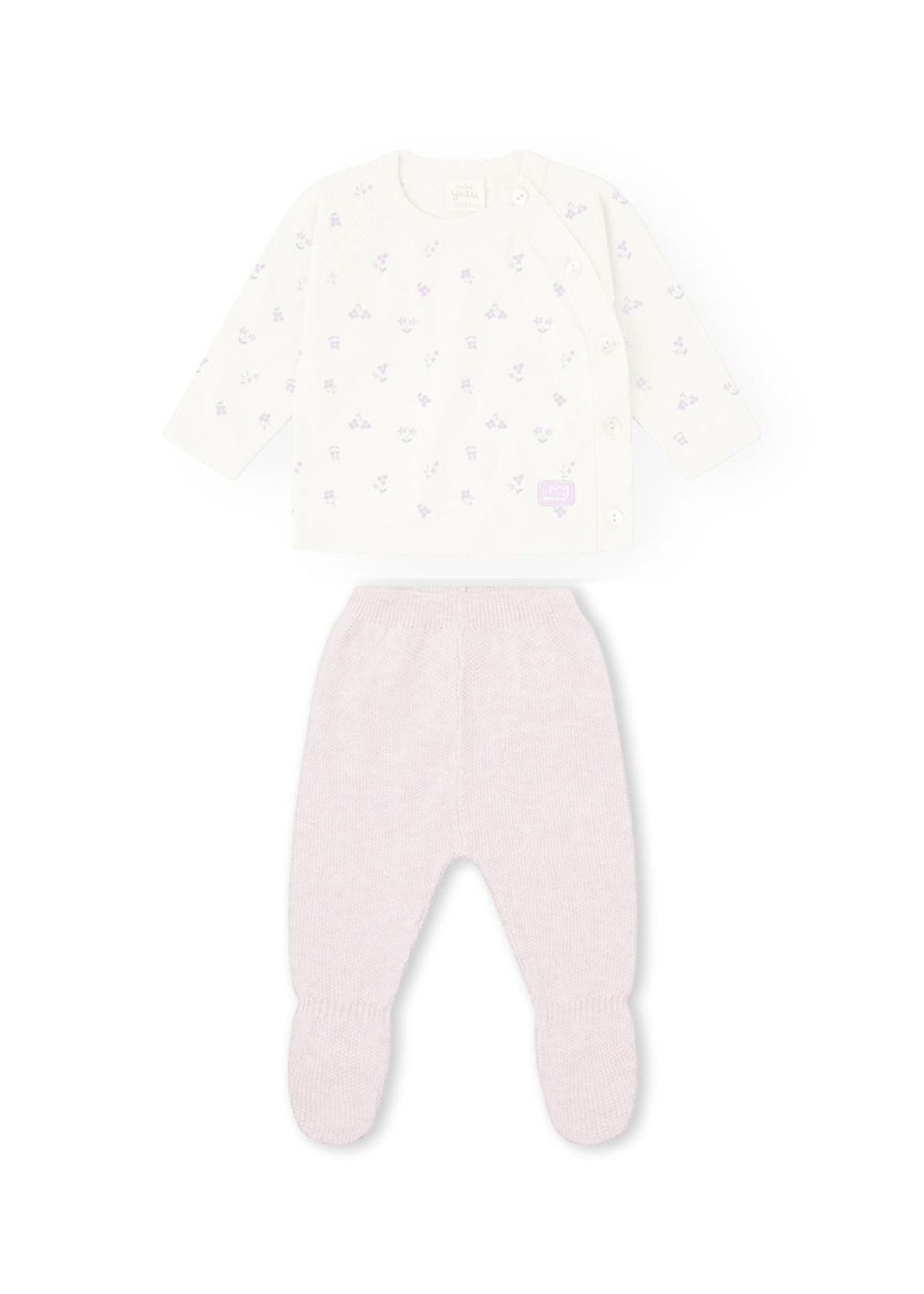 Conjunto camisola e calça bebé menina, branco e lilás