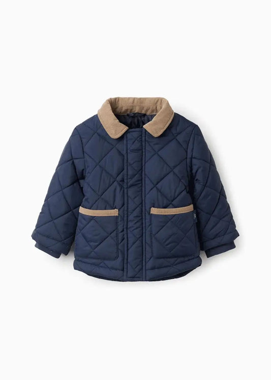 Parka Acolchoada com Capuz Amovível para Bebé Menino, Azul-escuro