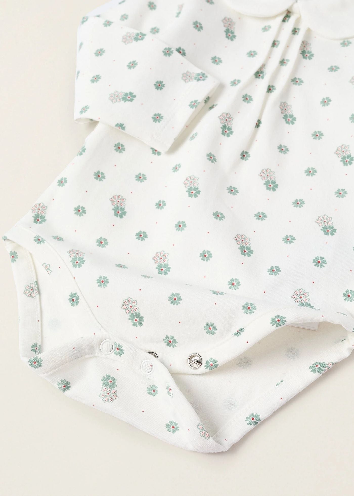 Body Floral com Gola Peter Pan para Recém-Nascida, Branco/Verde