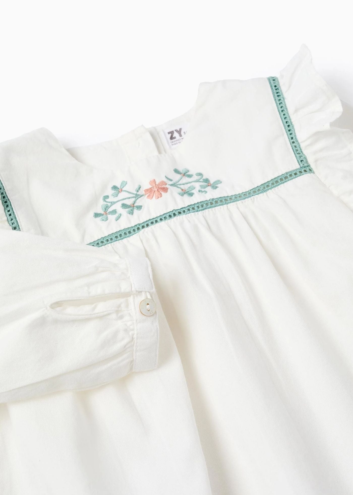 Camisa de Sarja Leve com Bordados de Flores para Bebé Menina, Branco
