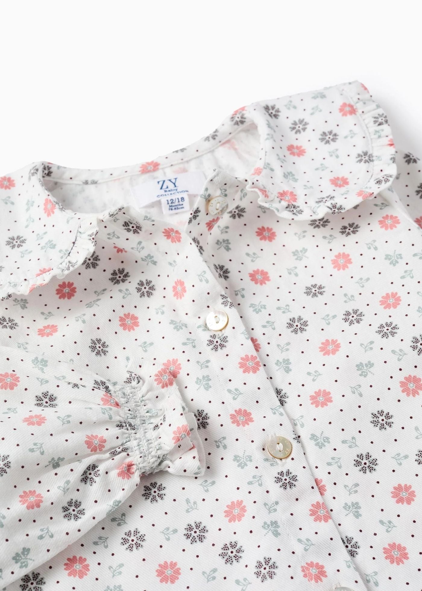 Camisa de Algodão Floral para Bebé Menina, Branco/Rosa/Verde