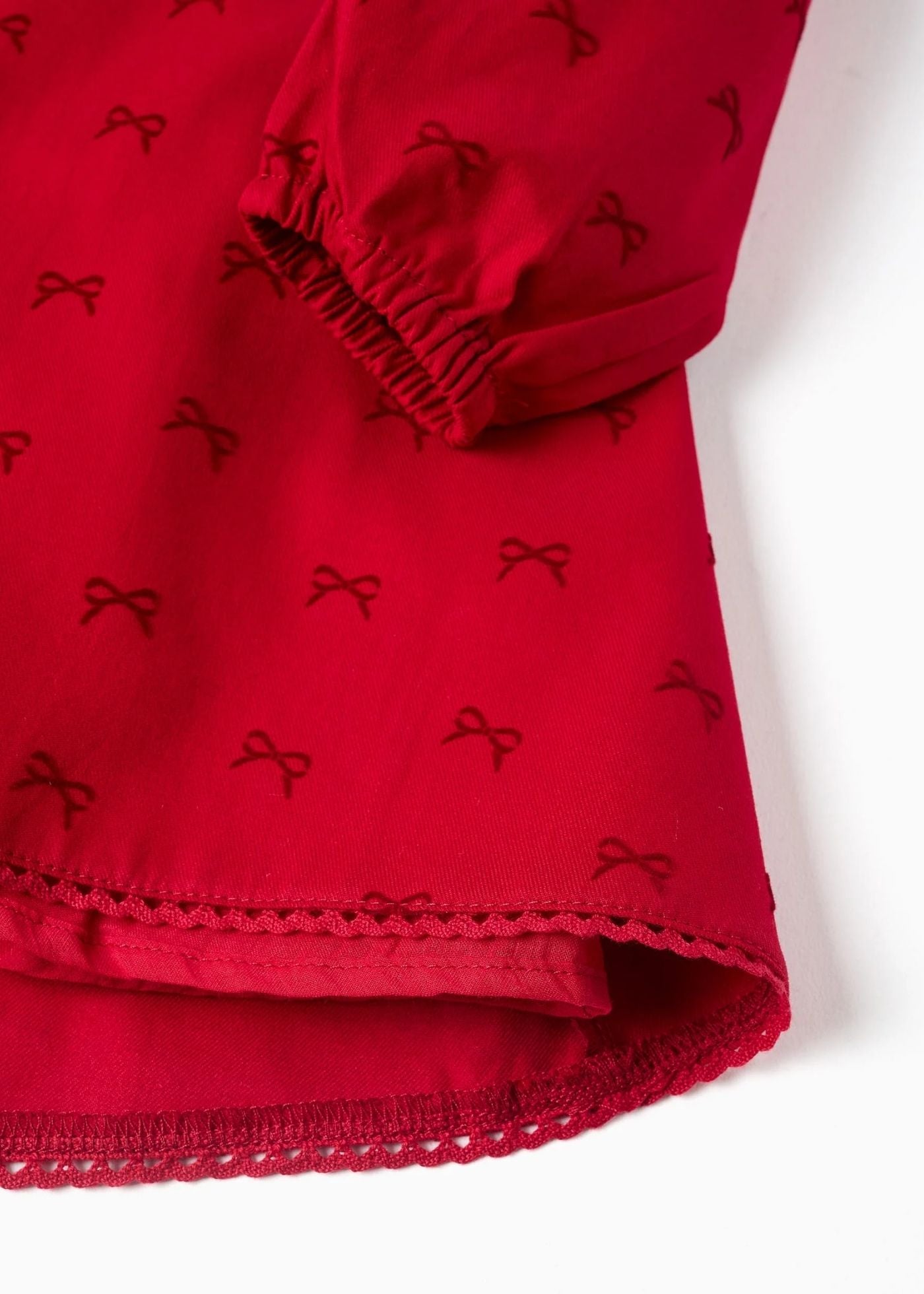 Vestido de sarja com motivo de laços de veludo para bebé menina, vermelho