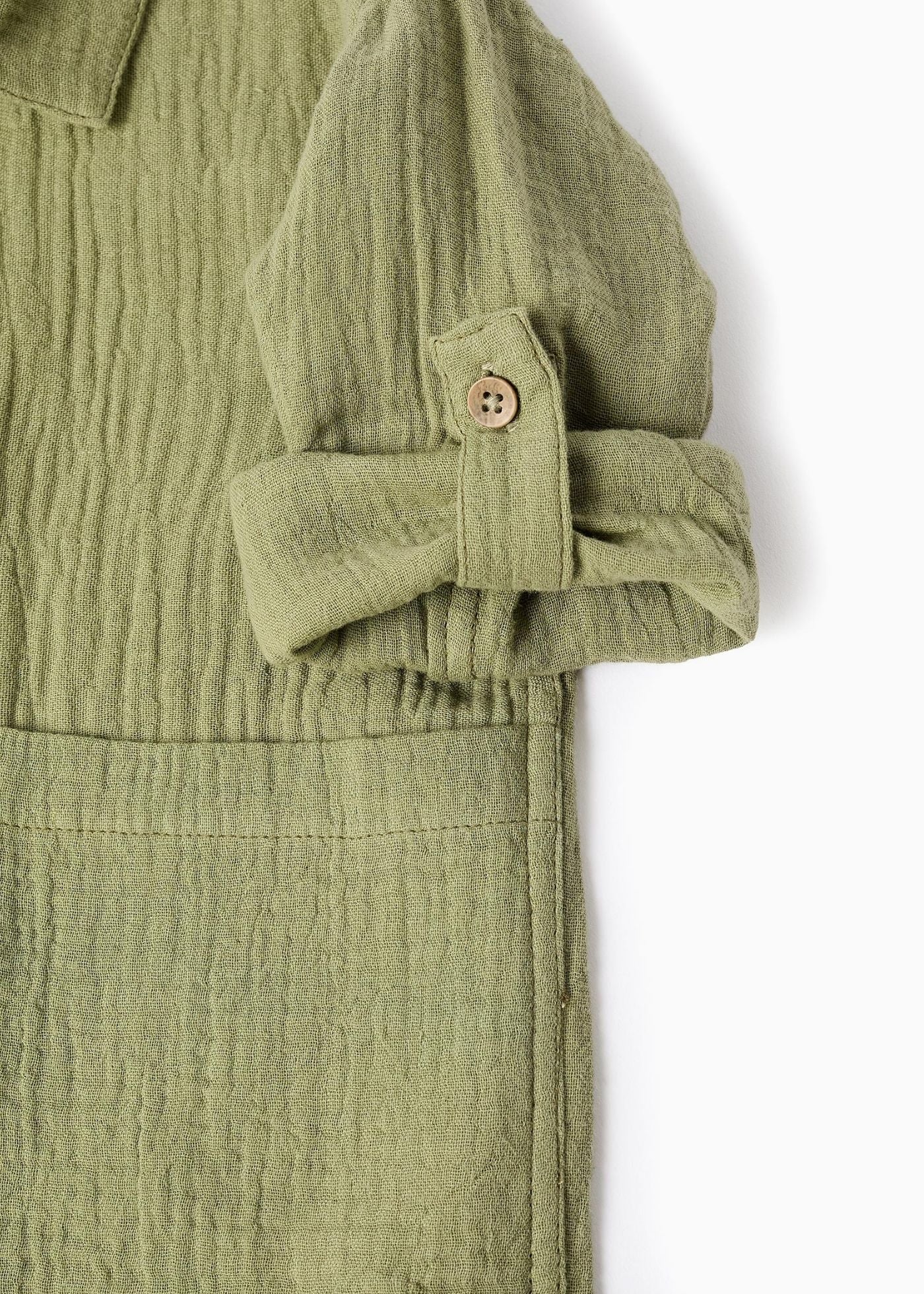 Camisa em bambula de algodão com bolsos para bebé menino, verde-escuro