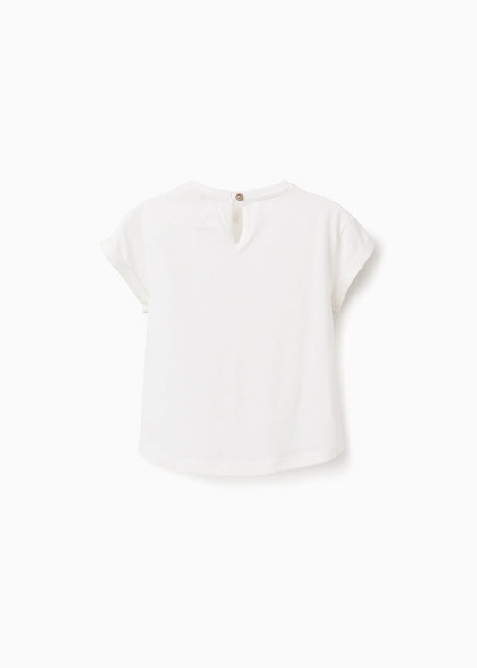T-shirt de algodão com estampado em crochê para bebé menina, branco