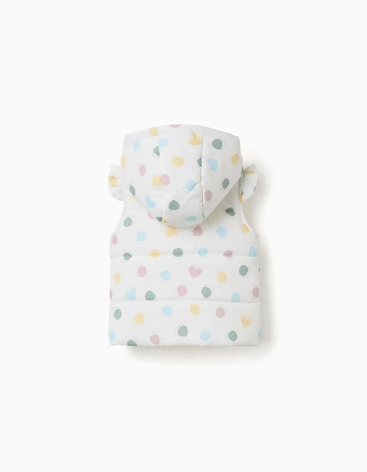 Colete acolchoado com capuz e padrão de bolinhas para bebé menina, branco
