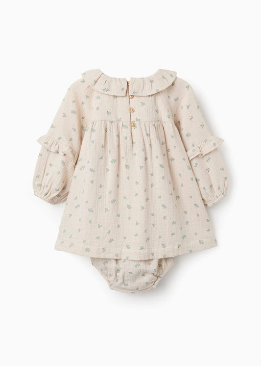 Vestido floral + tapa-fraldas de algodão B&S para bebé menina, bege/verde