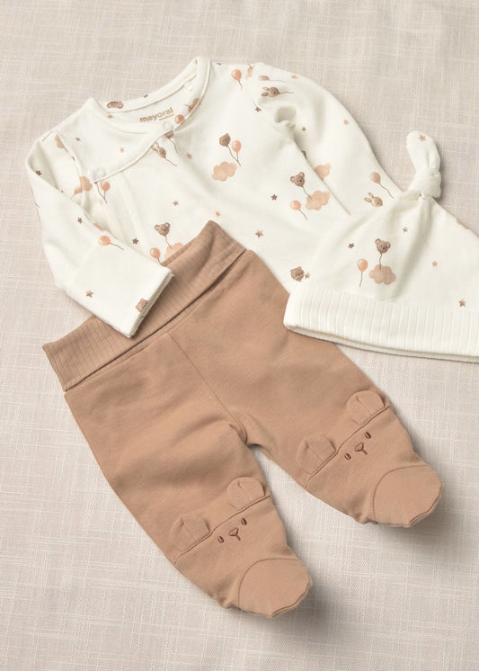 Conjunto de camisola trespasse e calça com pés e gorro para bebé recém nascido, mayoral