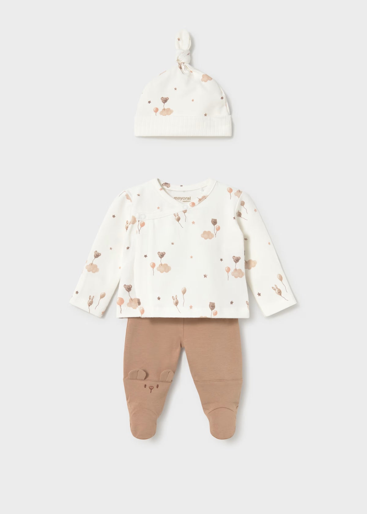 Conjunto de camisola trespasse e calça com pés e gorro para bebé recém nascido, mayoral