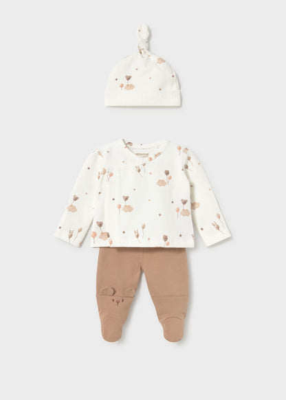 Conjunto de camisola trespasse e calça com pés e gorro para bebé recém nascido, mayoral