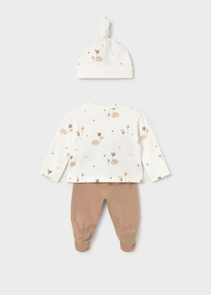 Conjunto de camisola trespasse e calça com pés e gorro para bebé recém nascido, mayoral