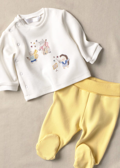 Conjunto calças com pés e camisa de trespasse para recém nascido
