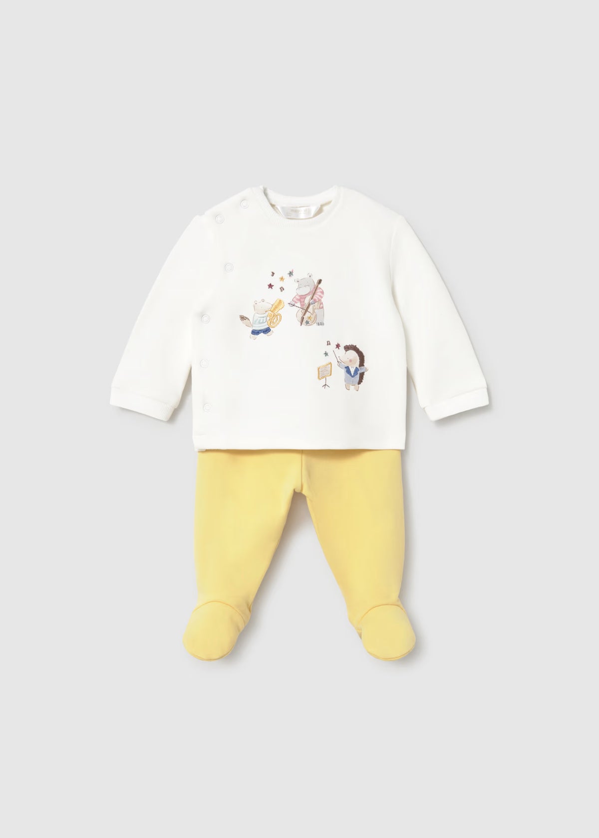 Conjunto calças com pés e camisa de trespasse para recém nascido