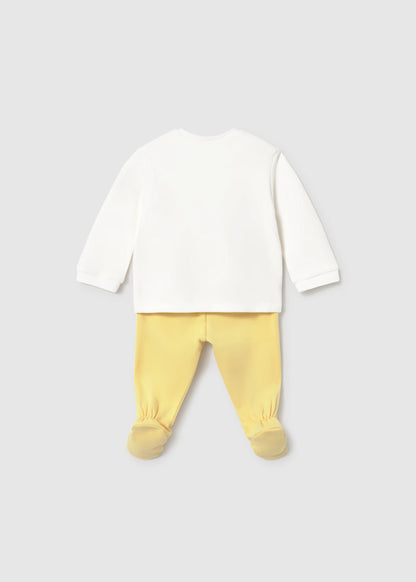 Conjunto calças com pés e camisa de trespasse para recém nascido