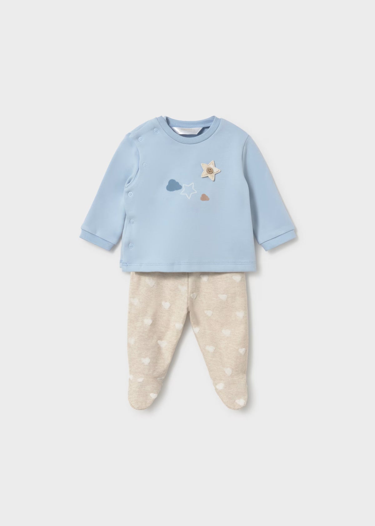 Conjunto calças com pés e camisa de trespasse para recém nascido