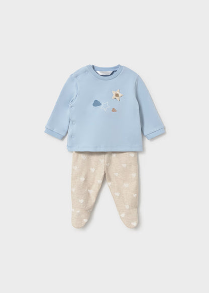 Conjunto calças com pés e camisa de trespasse para recém nascido