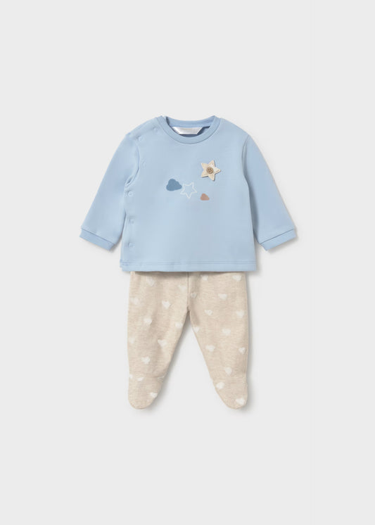 Conjunto calças com pés e camisa de trespasse para recém nascido