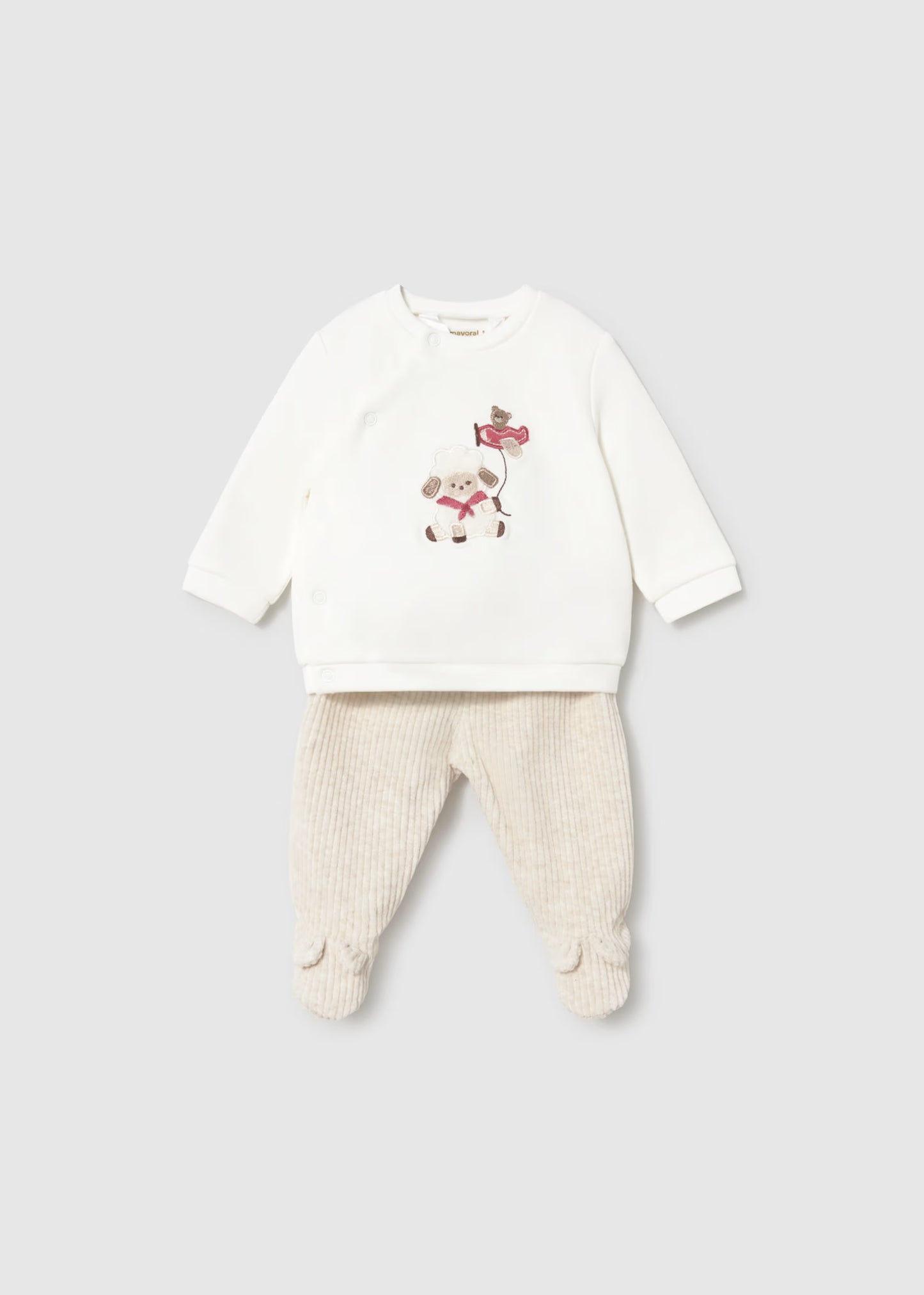 Conjunto calças com pés e camisa de trespasse para recém nascido