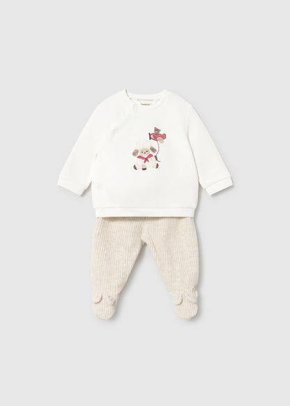 Conjunto calças com pés e camisa de trespasse para recém nascido