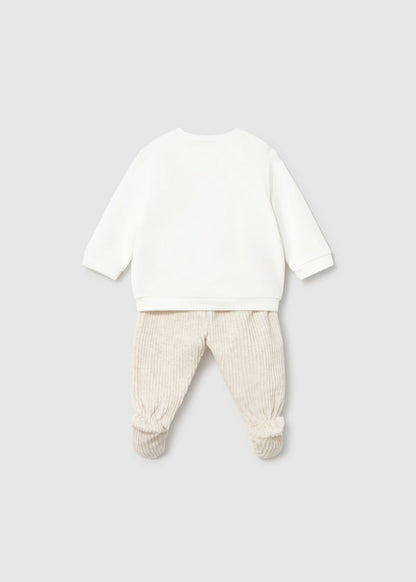 Conjunto calças com pés e camisa de trespasse para recém nascido