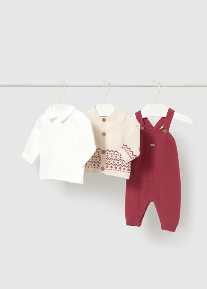 Conjunto 3 peças, blusa e jardineira com casaco em malha, recém nascido