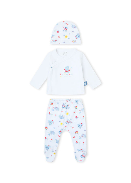 Conjunto camisola, calça e gorro de recém nascido