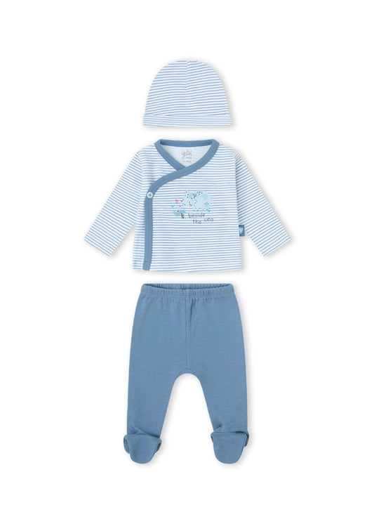 Conjunto camisola, calça e gorro de recém nascido