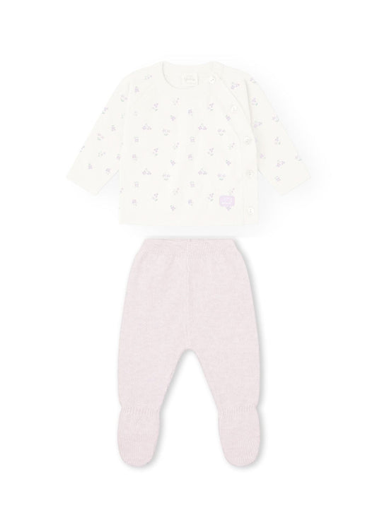 Conjunto camisola e calça bebé menina, branco e lilás