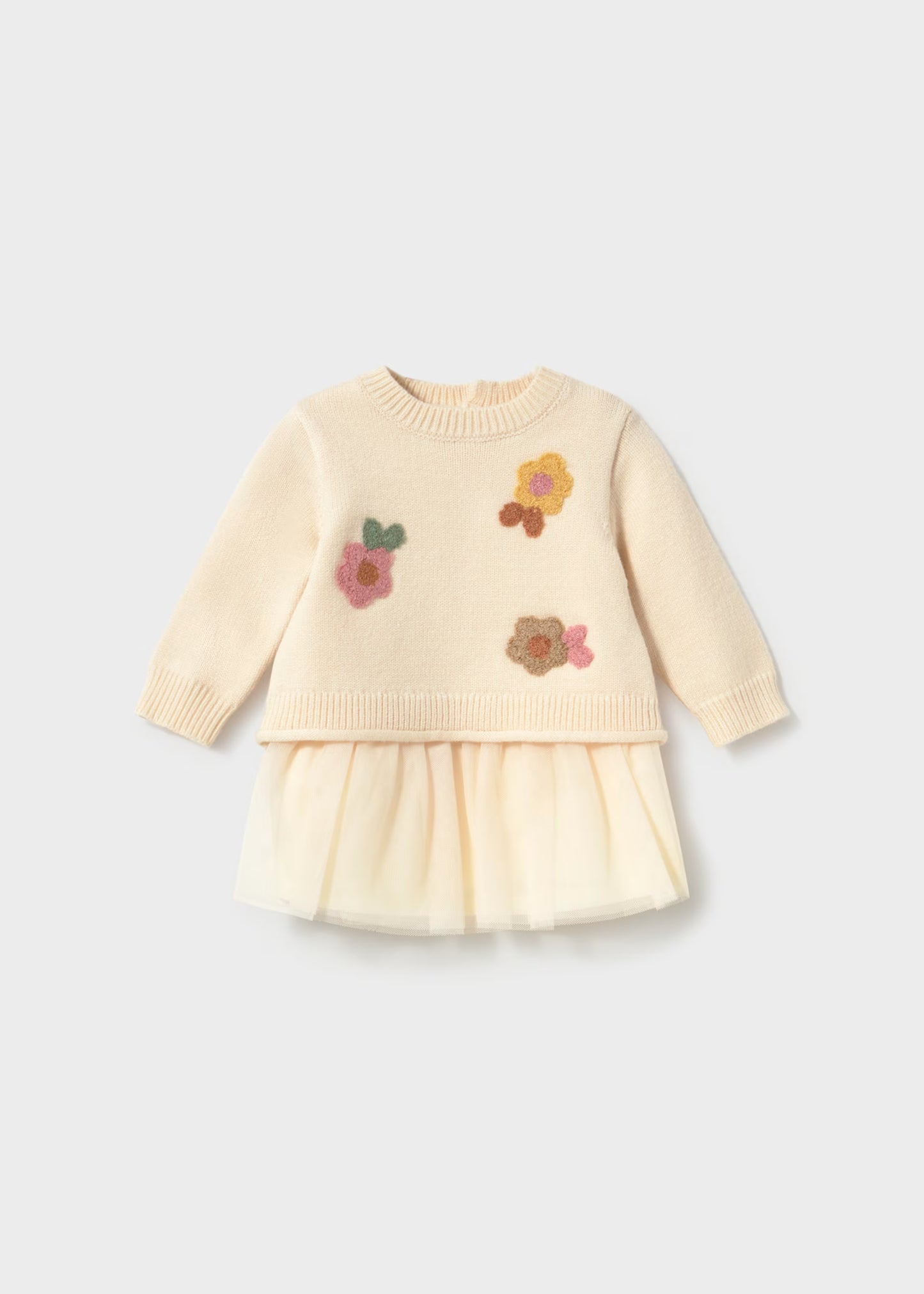 Vestido tricot com flores e tule para menina