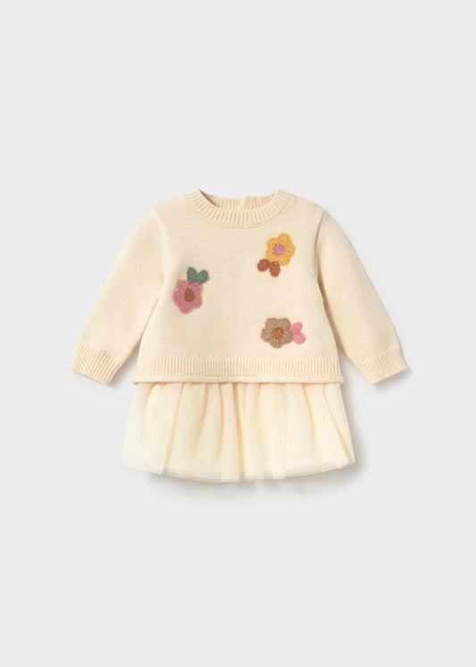 Vestido tricot com flores e tule para menina
