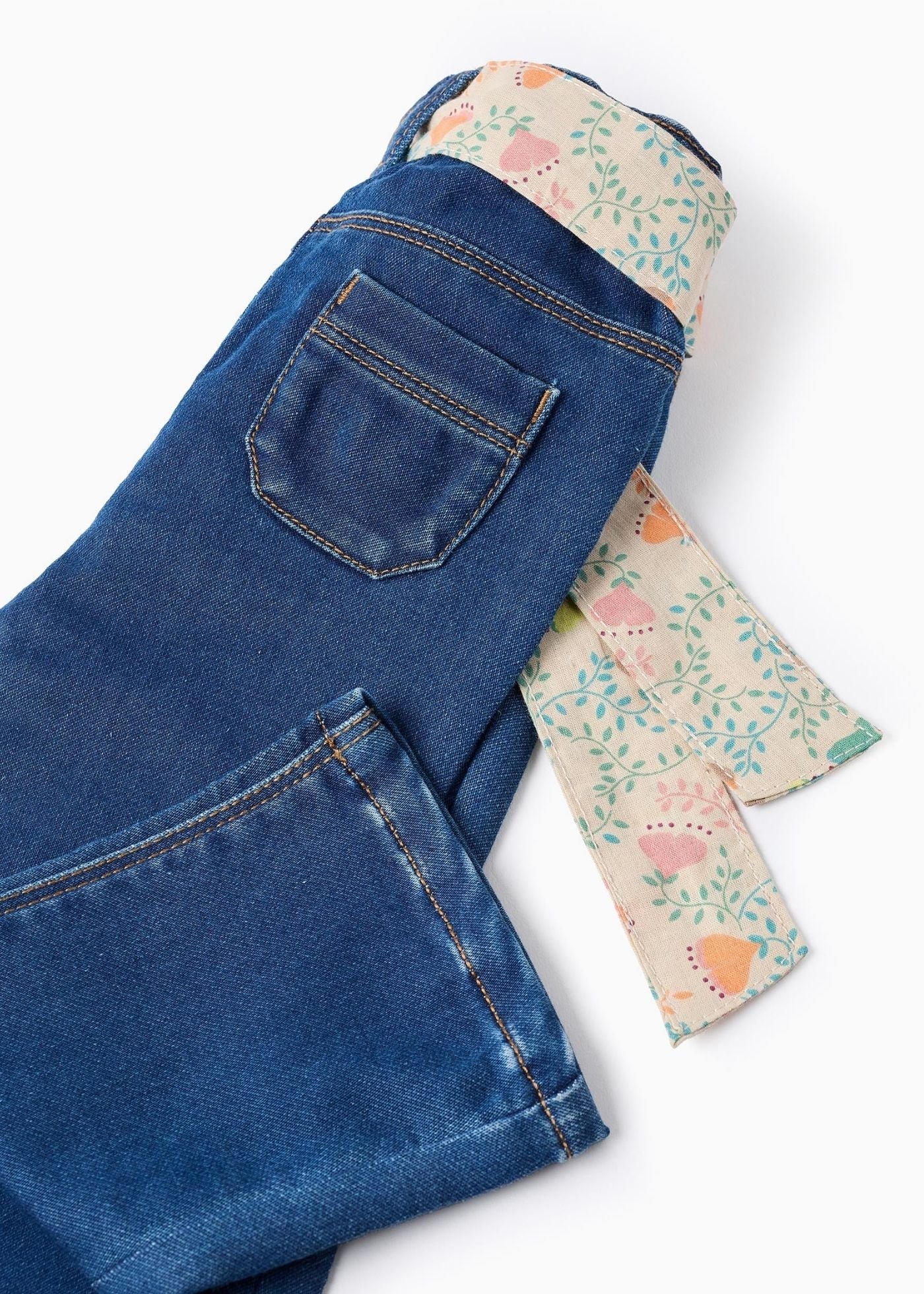 Calças de Ganga com Cinto Floral para Bebé Menina, Azul