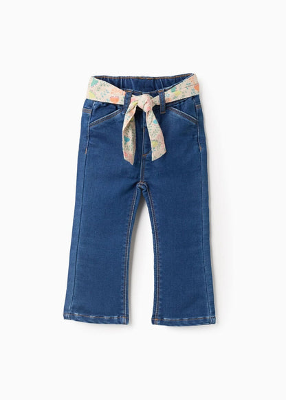 Calças de Ganga com Cinto Floral para Bebé Menina, Azul