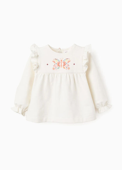 Sweat Cardada com Flores e Folhos para Bebé Menina, Branco