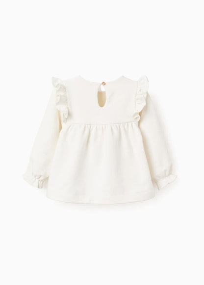 Sweat Cardada com Flores e Folhos para Bebé Menina, Branco