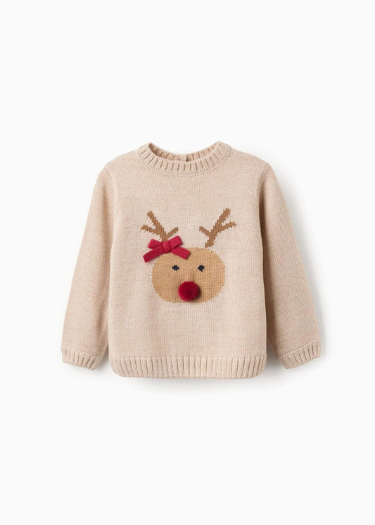 Camisola de Malha com Rena em Jacquard para Bebé Menina, Bege