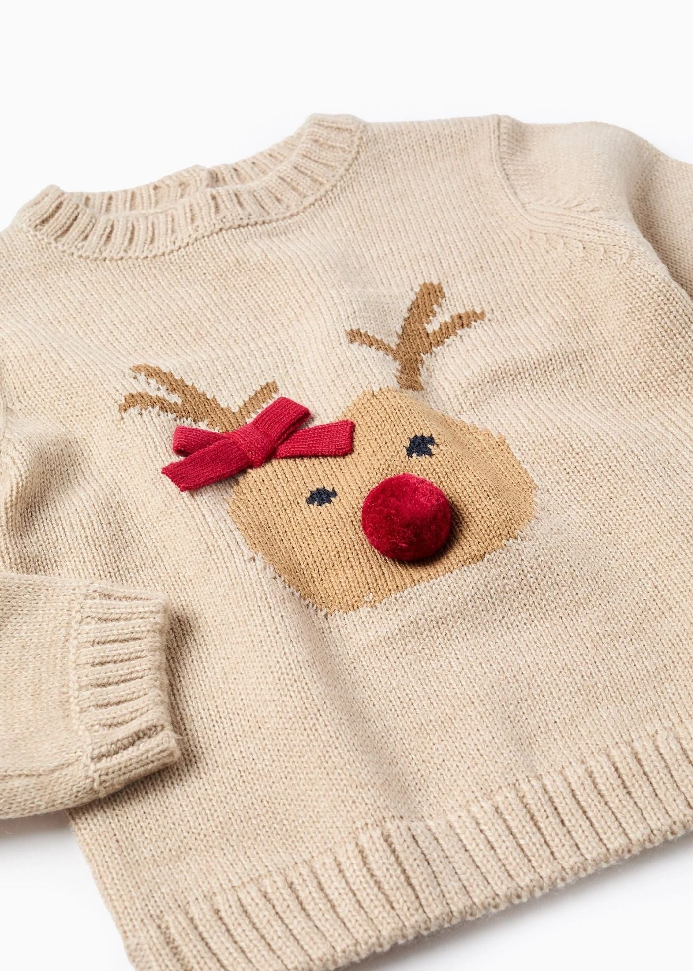 Camisola de Malha com Rena em Jacquard para Bebé Menina, Bege