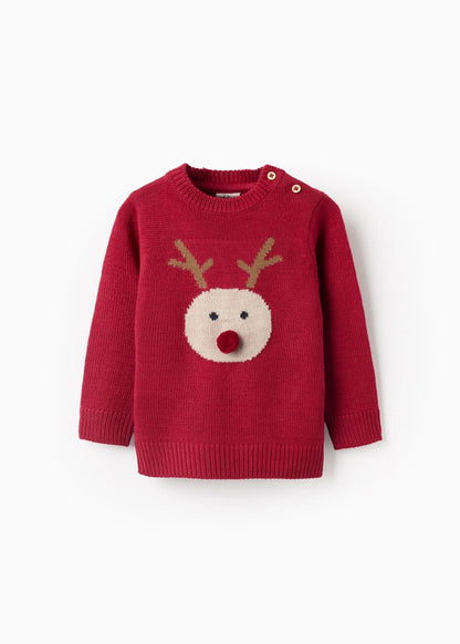 Camisola de malha com rena em jacquard para bebé menino, vermelho