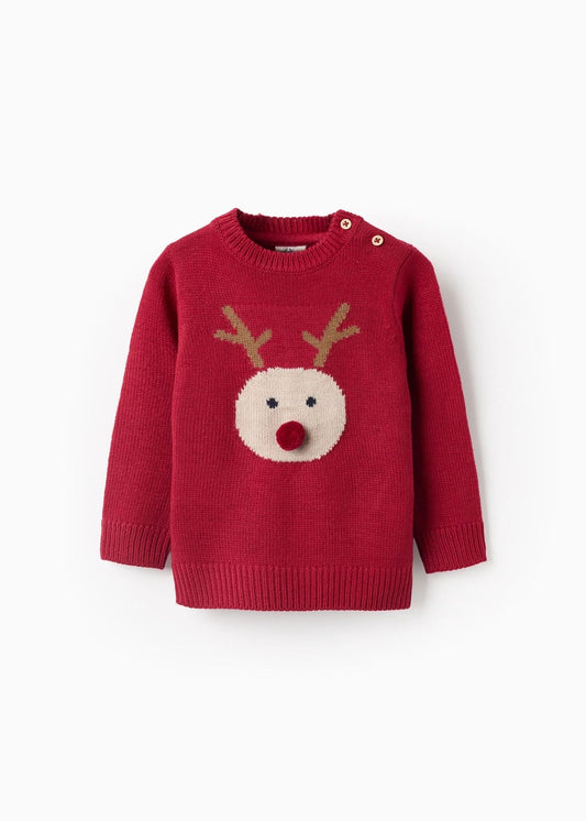 Camisola de malha com rena em jacquard para bebé menino, vermelho