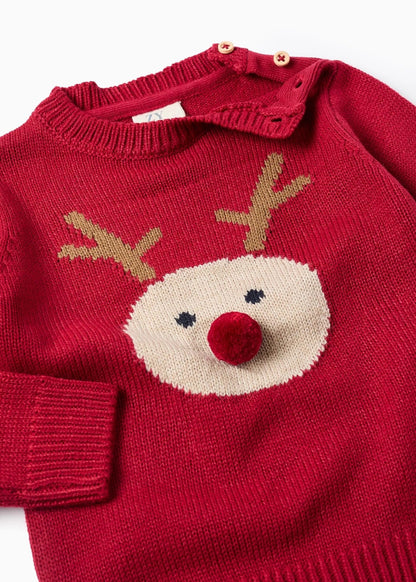 Camisola de malha com rena em jacquard para bebé menino, vermelho