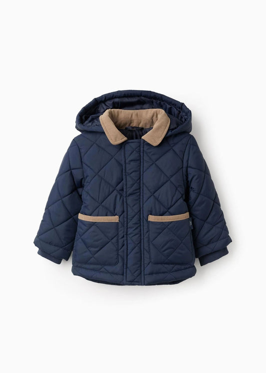 Parka Acolchoada com Capuz Amovível para Bebé Menino, Azul-escuro