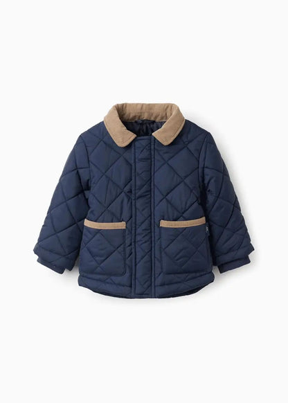 Parka Acolchoada com Capuz Amovível para Bebé Menino, Azul-escuro