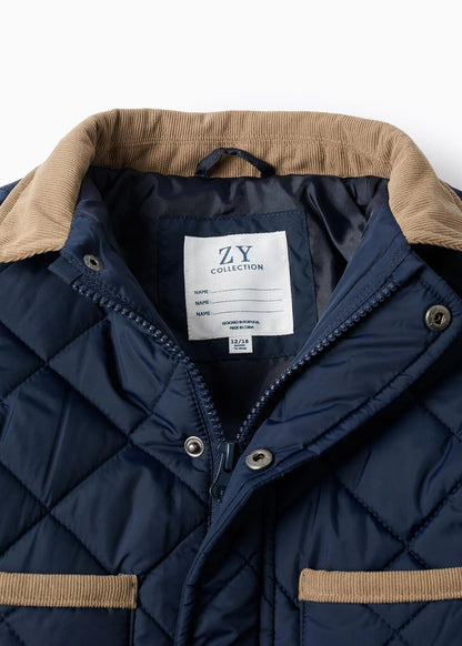 Parka Acolchoada com Capuz Amovível para Bebé Menino, Azul-escuro
