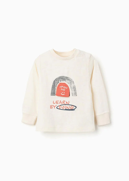 T-shirt de algodão com estampado de raposa para bebé menino, branco