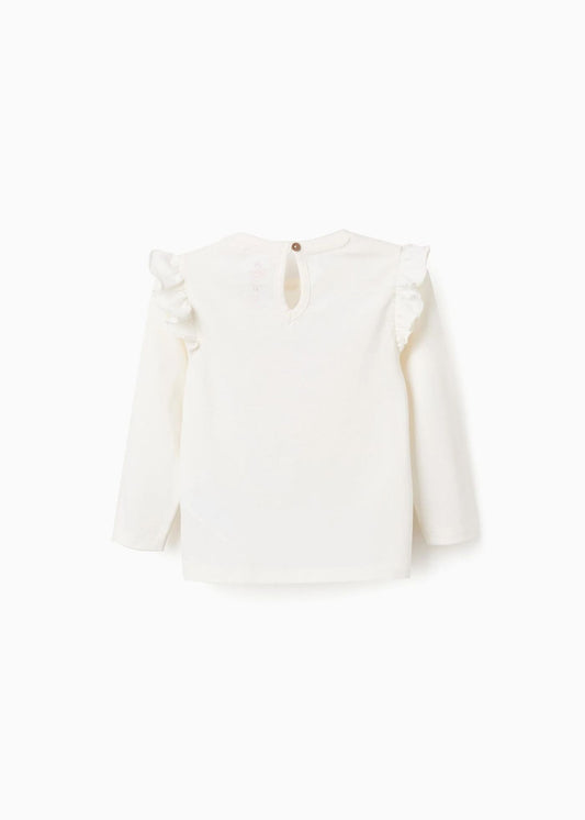 T-shirt de Algodão com Folhos para Bebé Menina 'Marie', Branco