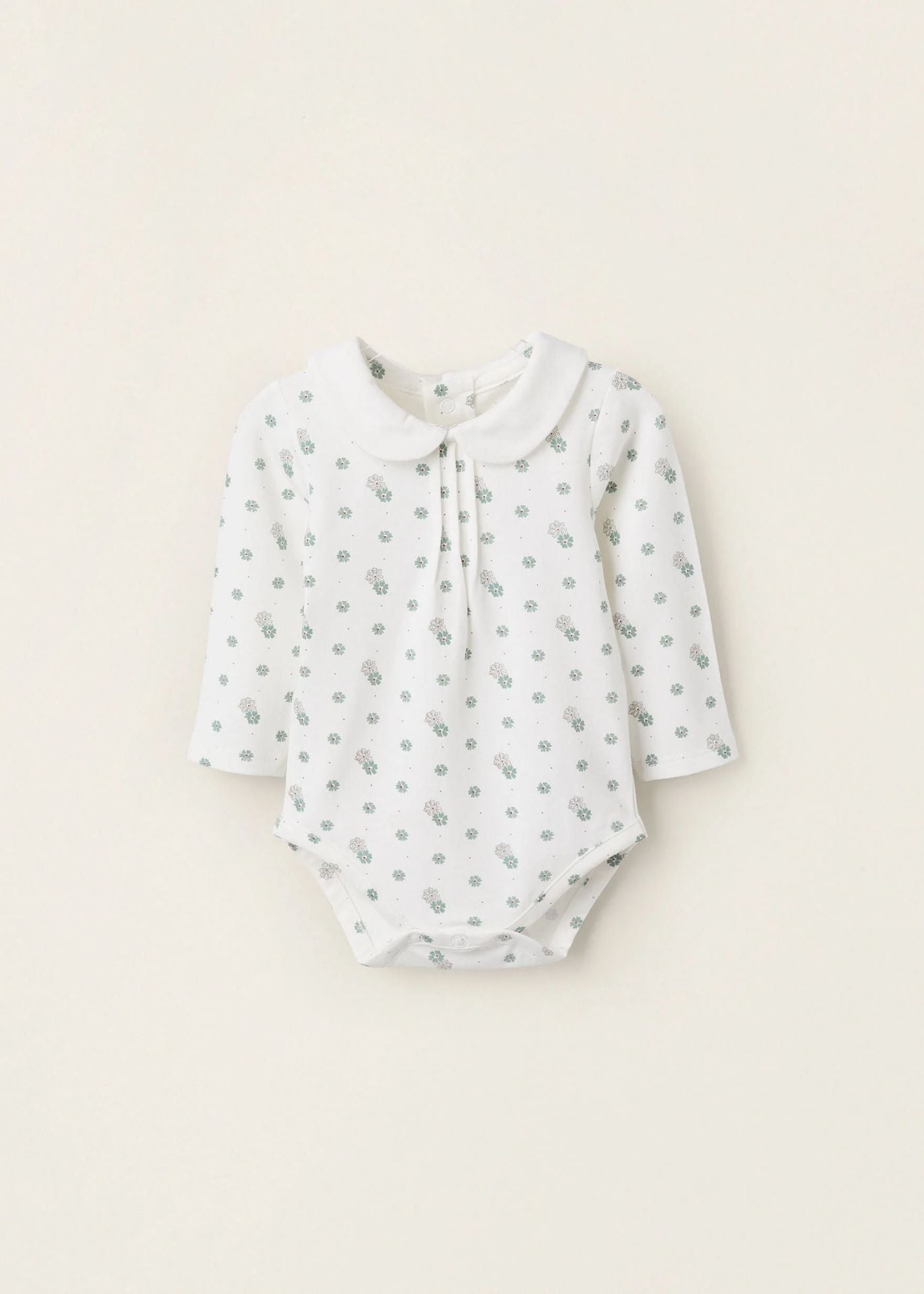 Body Floral com Gola Peter Pan para Recém-Nascida, Branco/Verde