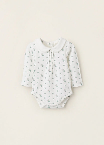 Body Floral com Gola Peter Pan para Recém-Nascida, Branco/Verde