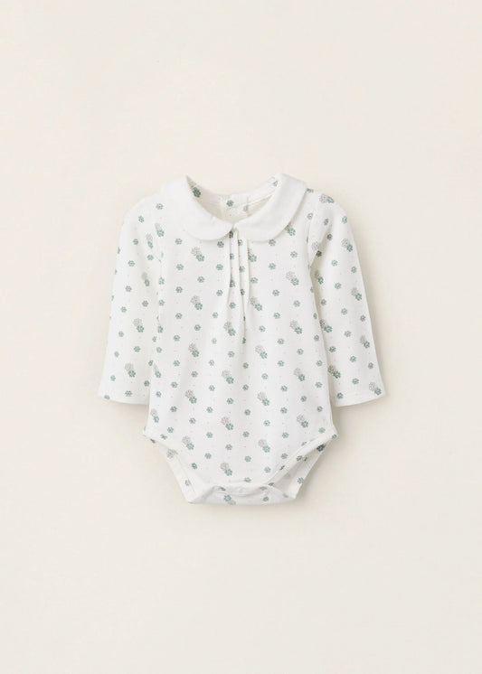 Body Floral com Gola Peter Pan para Recém-Nascida, Branco/Verde