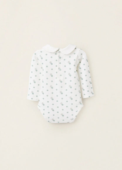 Body Floral com Gola Peter Pan para Recém-Nascida, Branco/Verde