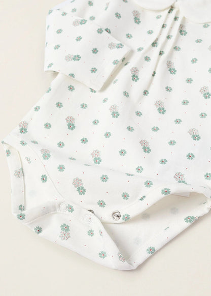 Body Floral com Gola Peter Pan para Recém-Nascida, Branco/Verde
