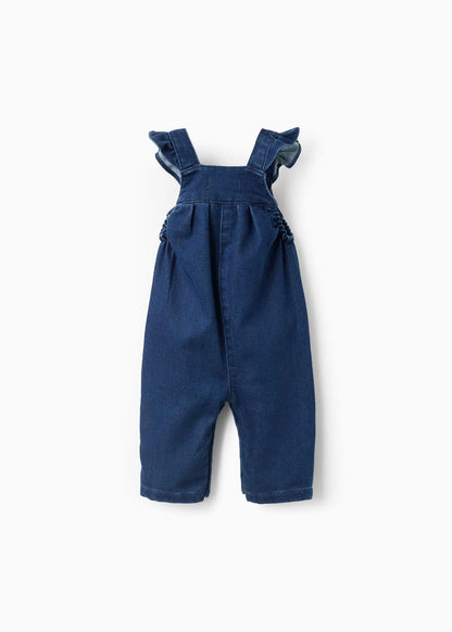 Jardineiras de Ganga com Folhos para Recém-Nascida, Azul