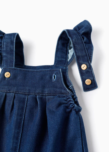 Jardineiras de Ganga com Folhos para Recém-Nascida, Azul